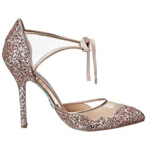 Blue by Betsey Johnson Rose Gold Glitter Pointed Toe Ankle Tie Heels